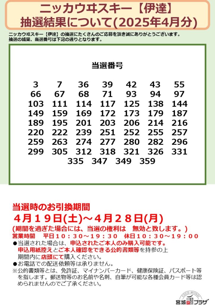 抽選結果発表【ウイスキー伊達】｜お知らせ｜宮城県のアンテナショップ  